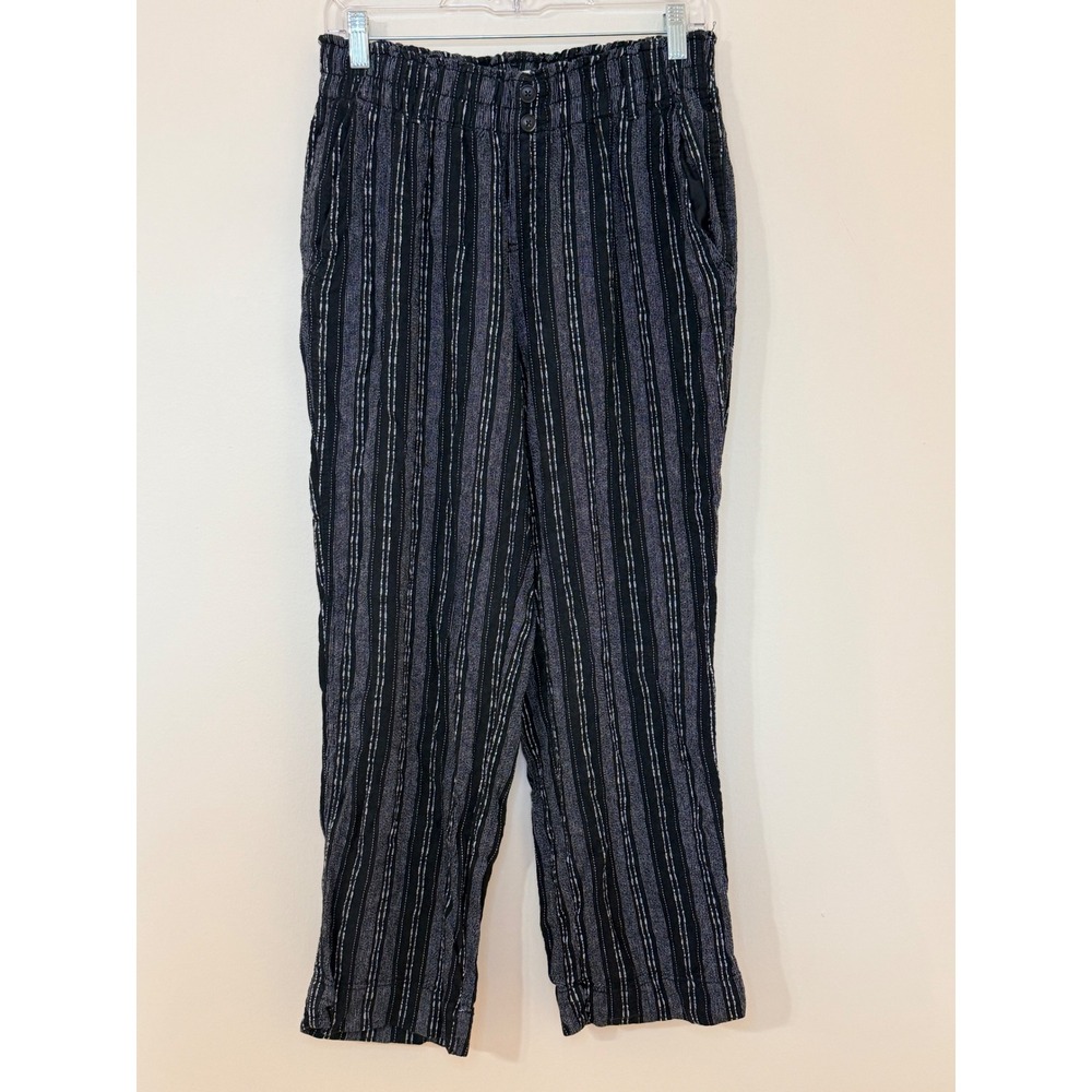 Briggs Womens Medium Black Grey Striped Elastic Waist Straight Leg Casual Pants